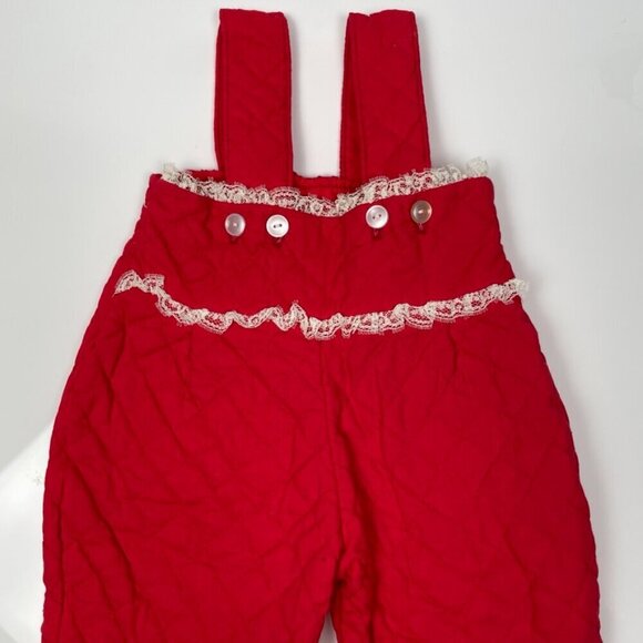 Vintage Red Christmas Quilted Infant footie Overalls with White Lace trim - Picture 2 of 10